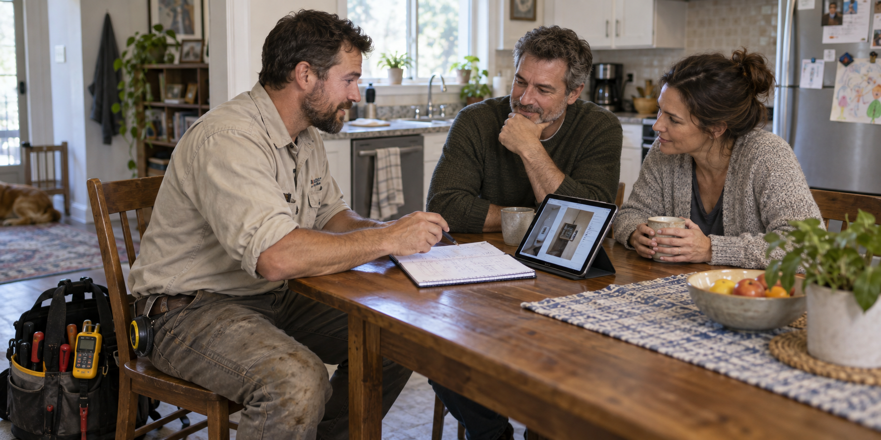 Electrical contractor reviewing an estimate with homeowners at their kitchen table
