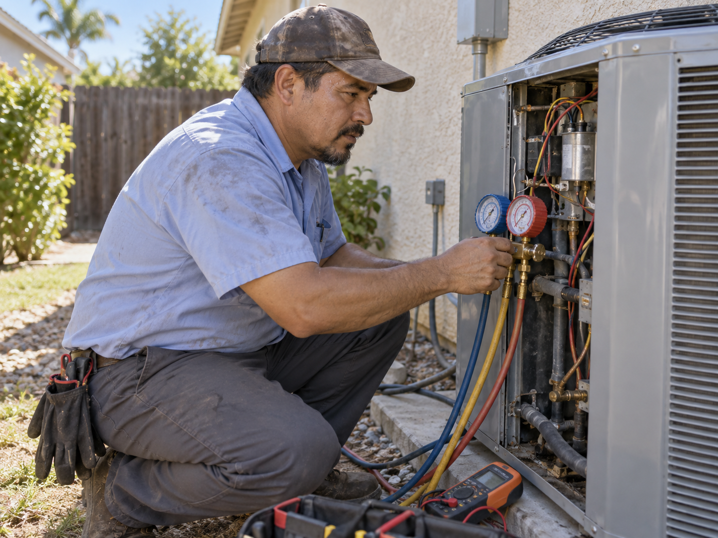 HVAC technician using gauges to diagnose an outdoor air-conditioning unit