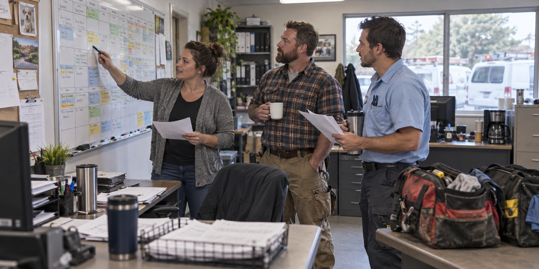 Home service team reviewing the daily dispatch schedule