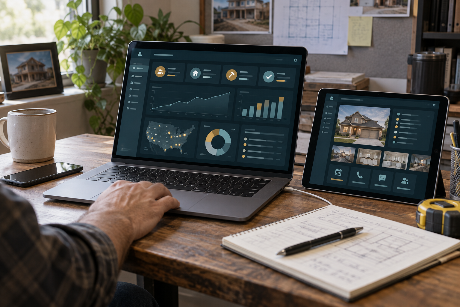 Lead performance dashboards displayed on a laptop and tablet in a contractor workspace