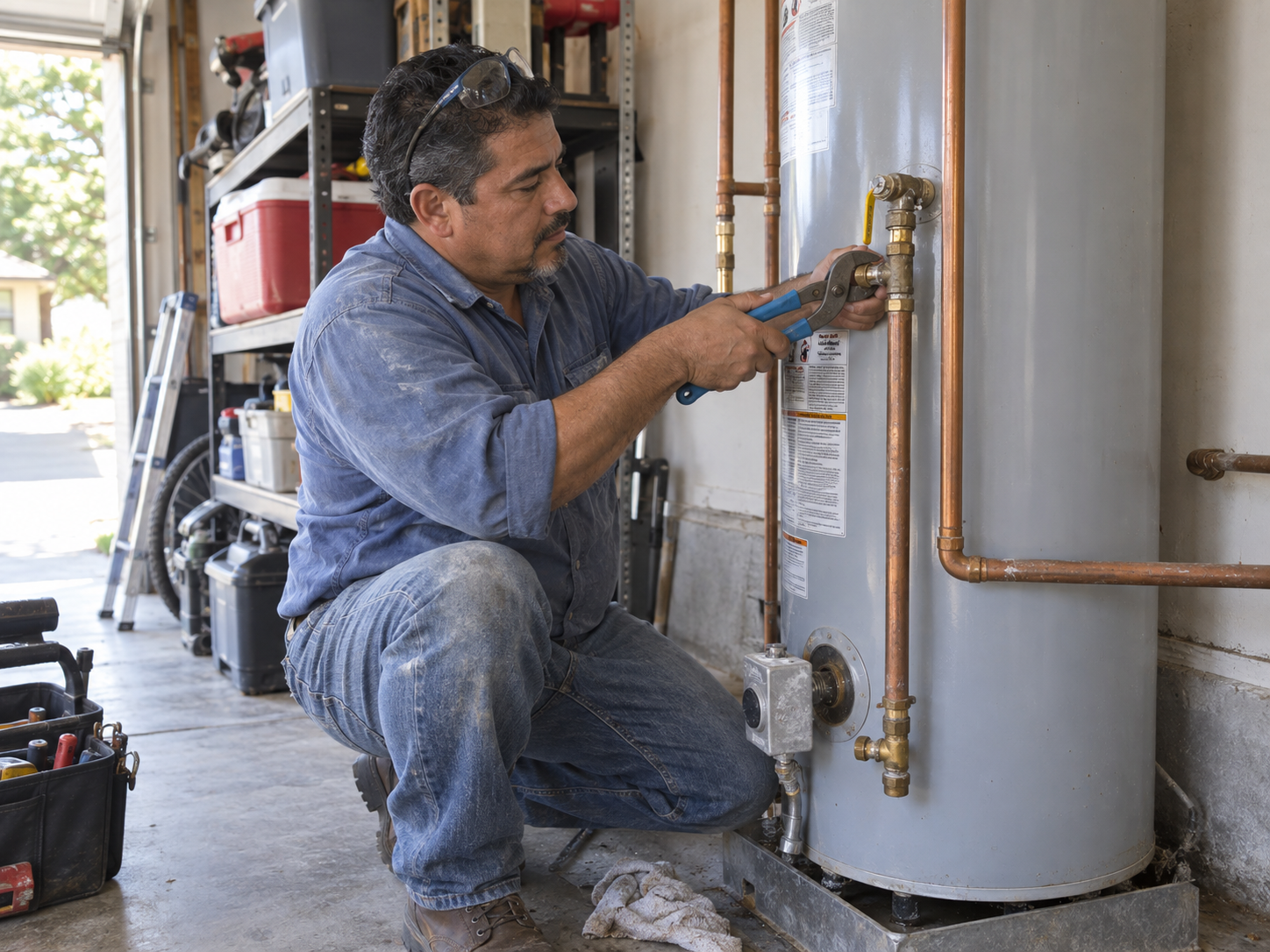 Plumber servicing a residential water heater in a garage