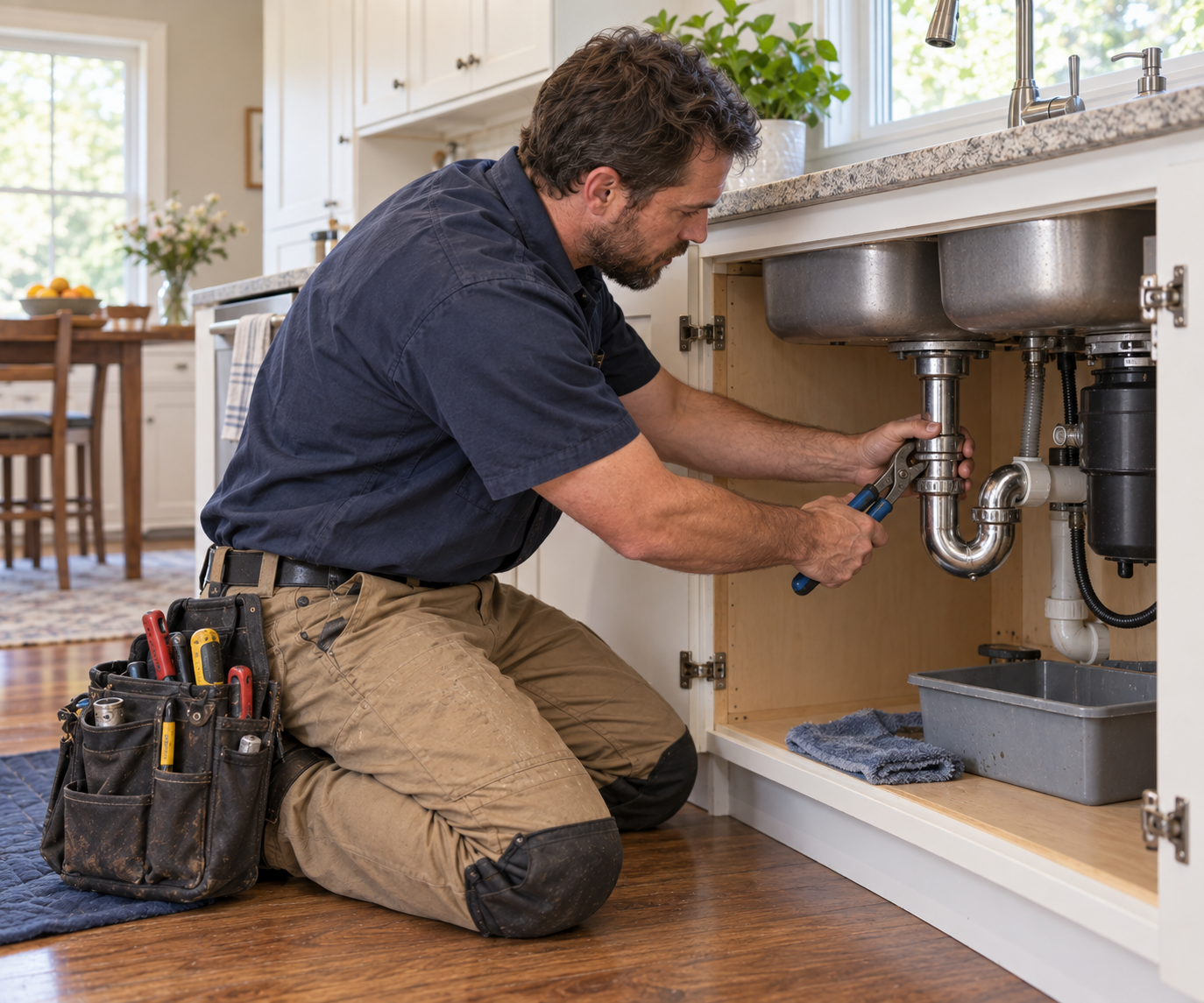 Residential plumber replacing worn drain fittings beneath a kitchen sink