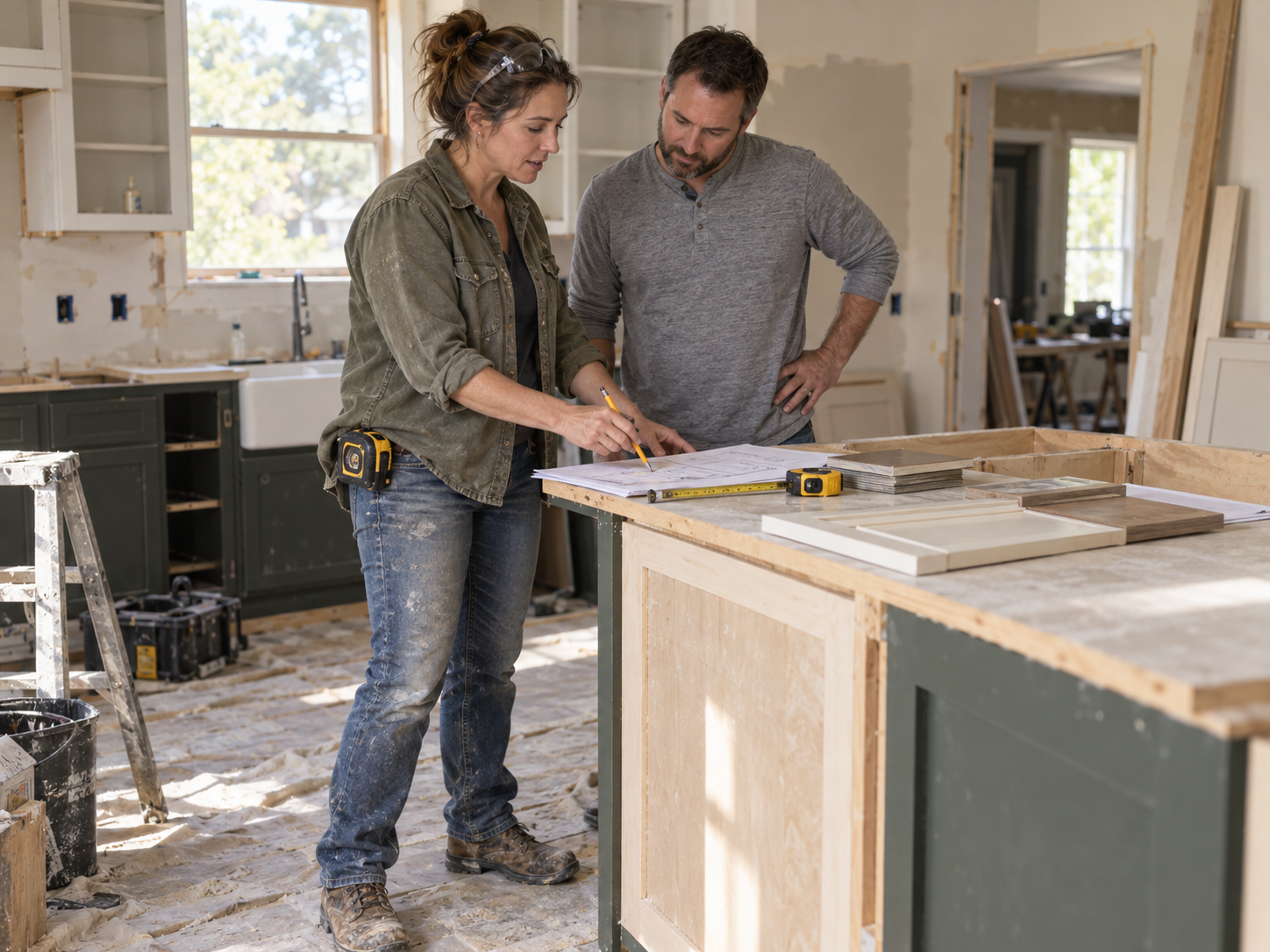 Remodeling contractor reviewing kitchen plans with a homeowner