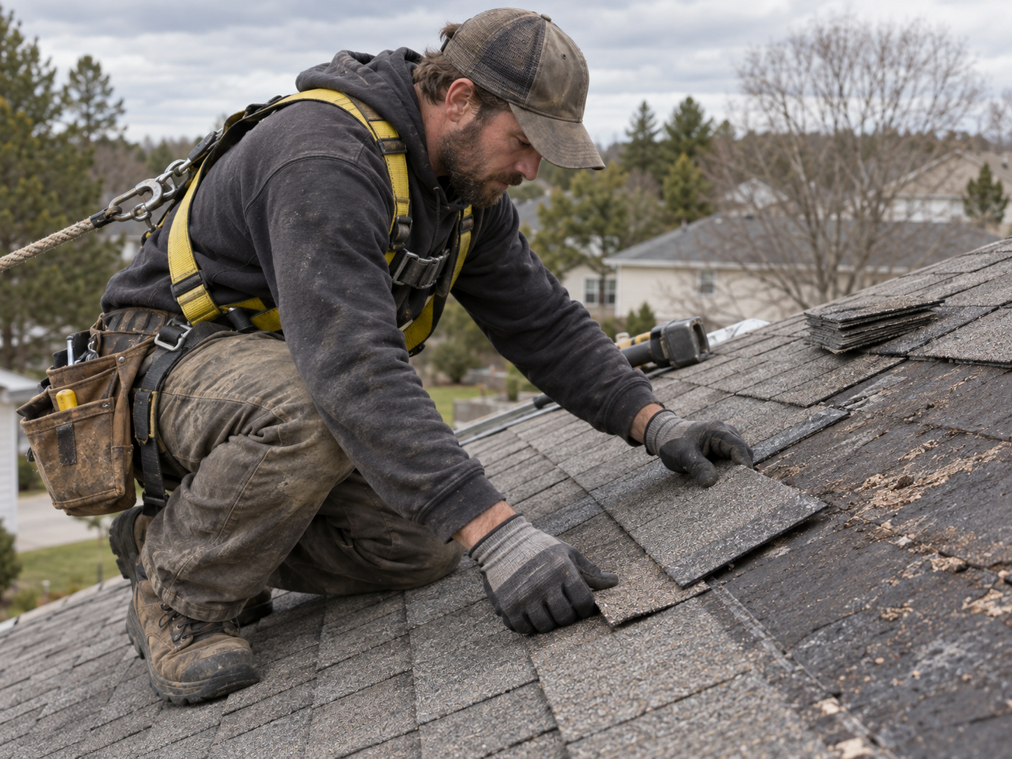 Roofer in a safety harness replacing worn asphalt shingles